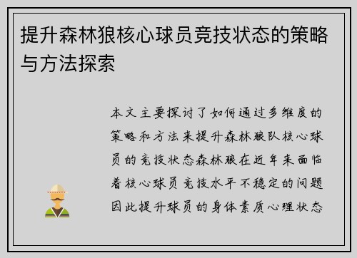 提升森林狼核心球员竞技状态的策略与方法探索
