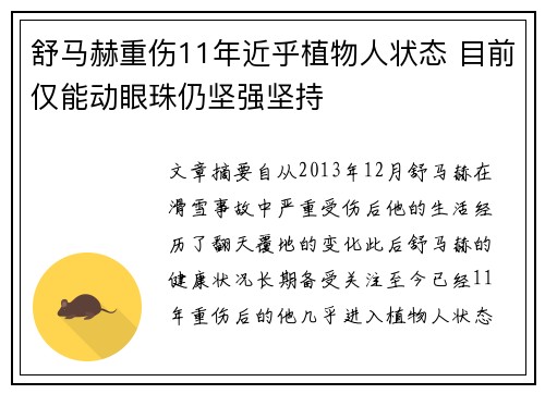 舒马赫重伤11年近乎植物人状态 目前仅能动眼珠仍坚强坚持 舒马赫重伤11年近乎植物人状态 目前仅能动眼珠仍坚强坚持