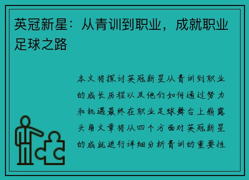 英冠新星:从青训到职业,成就职业足球之路 英冠新星:从青训到职业,成就职业足球之路