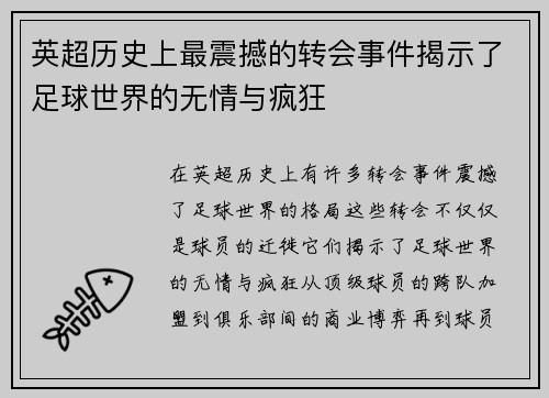 英超历史上最震撼的转会事件揭示了足球世界的无情与疯狂